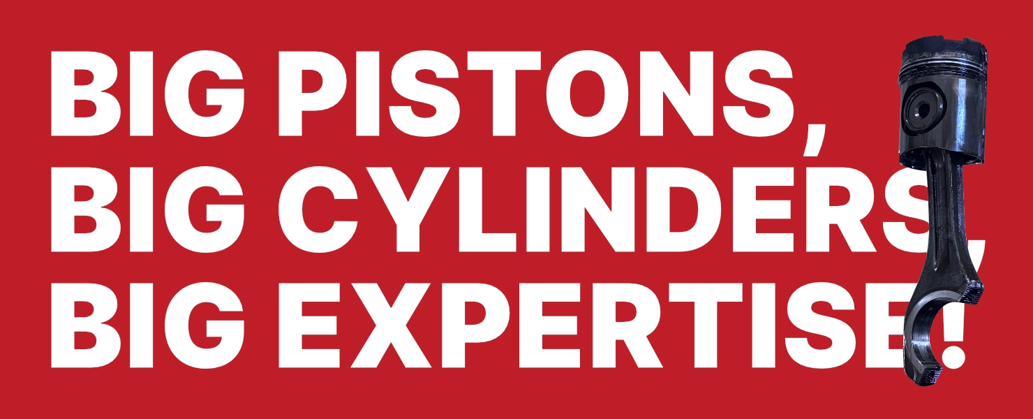 An Alfa Marine marketing graphic featuring a large marine engine piston and connecting rod with the bold white text "BIG PISTONS, BIG CYLINDERS, BIG EXPERTISE!" on a red background, promoting specialized marine engine service and technical expertise for vessel engines.