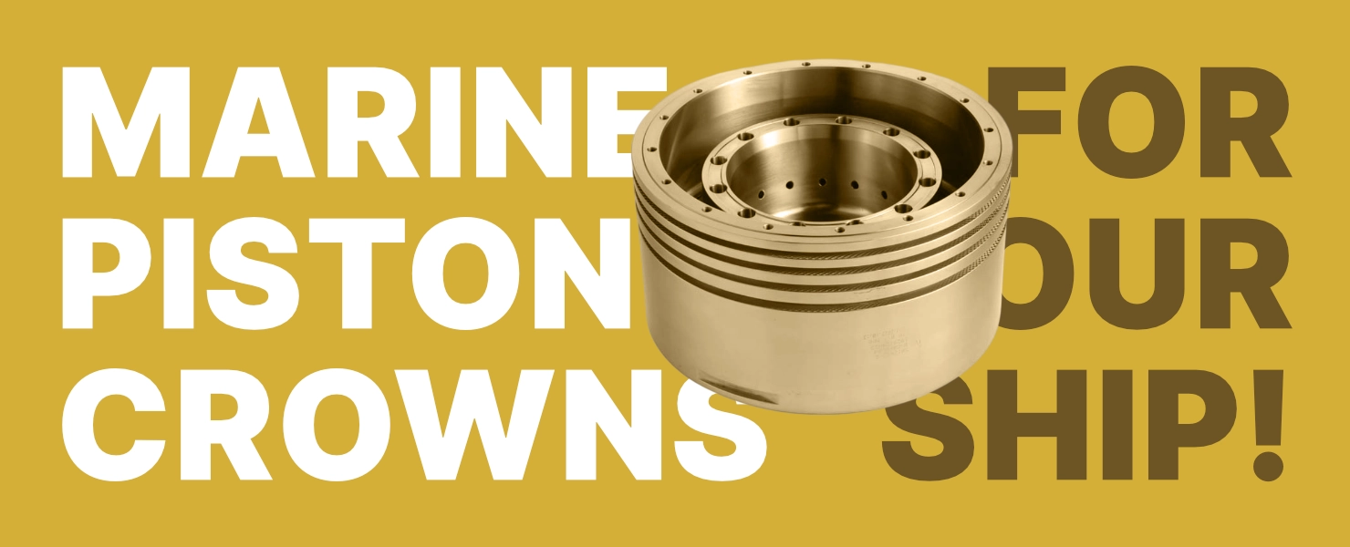 An Alfamarine promotional graphic featuring a heavy-duty vessel component with the bold text – Marine Piston Crowns For Your Ship! – highlighting premium engine parts availability and global marine engine service.